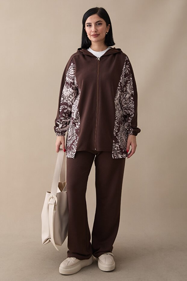 Paneled Shawl Pattern Brown Double Modal Set - 1