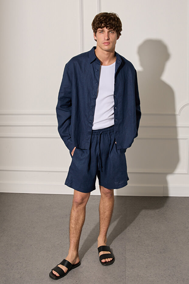 %100 Keten Beli Lastikli Şort - 1