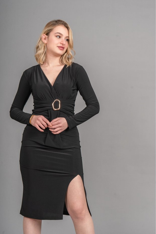 Women's Winter Black Aura Belted Semi-Double Breasted Slit Dress Stylish Casual Comfortable 50358