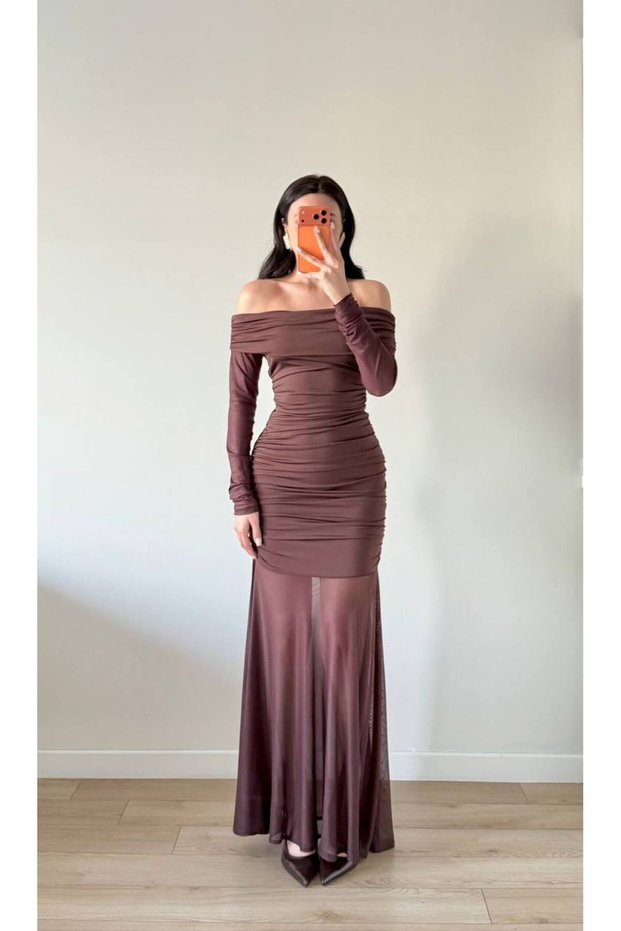 Women's Brown Sleeveless and Skirt Tulle Strapless Maxi Dress