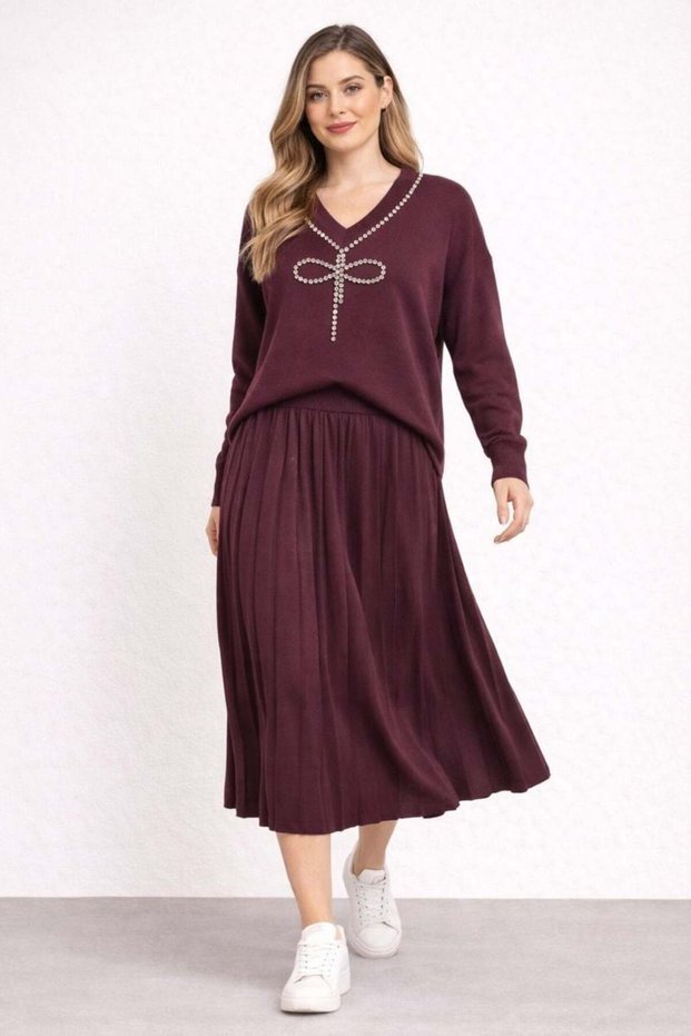 Plus Size Skirt Pleated Stone Knitwear Set Purple