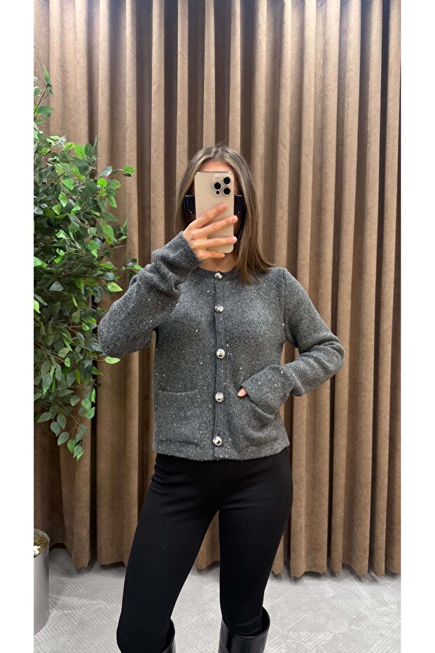 GRİ PULLU SİMLİ DÜĞMELİ TRİKO HIRKA - 4