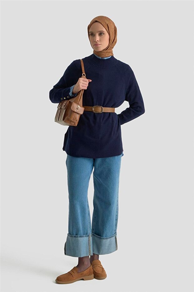 Düğmeli Basic Oversize Kazak 25KD6016 Lacivert - 2