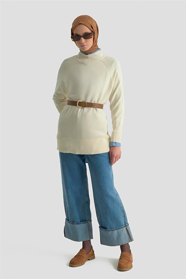 Düğmeli Basic Oversize Kazak 25KD6016 Ekru - 2