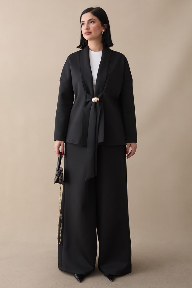 Black Double Suit with Brooch Detail Jacket