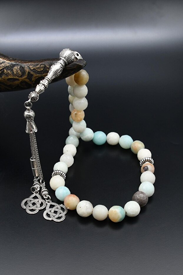 Natural Amazonite Stone 33 Beads Prayer Beads with Metal Tassel 10mm Sphere Cut 902517