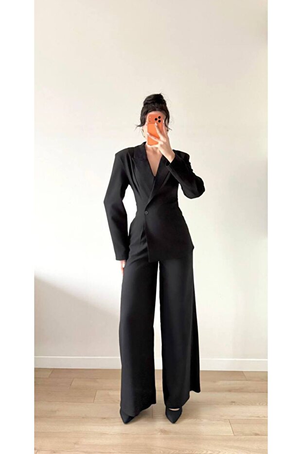 Women's Black Suit-Looking Maxi Jacket Jumpsuit