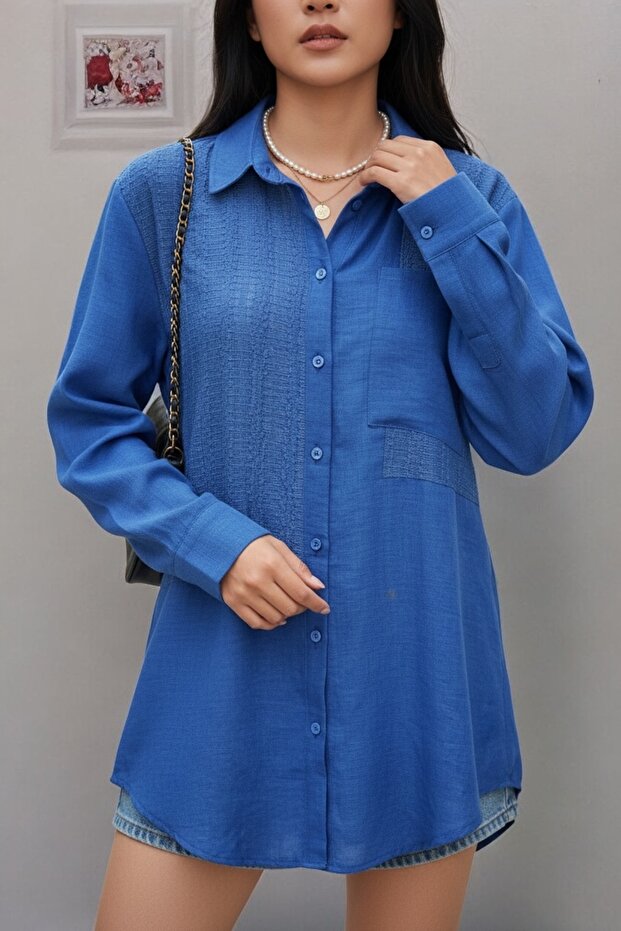 Ajur Detaylı Uzun Boy Düğmeli Regular Basic Gömlek - 2