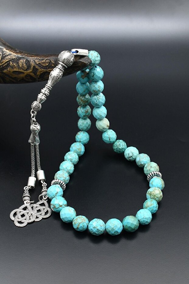 Turquoise Stone 33-Bead Rosary with Metal Tassels 10mm Sphere Cut 902508