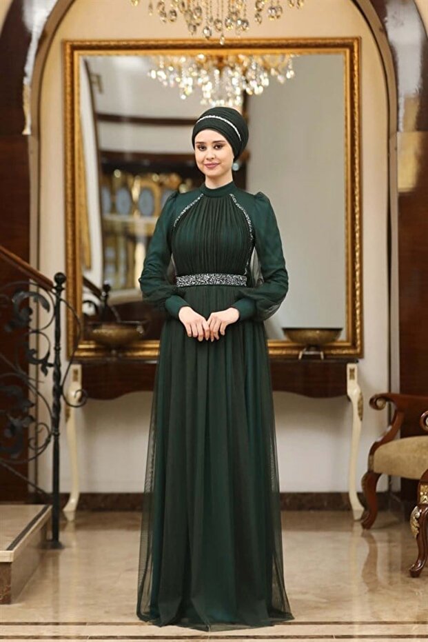 فستان سهرة حجاب أسطوري زمردي
