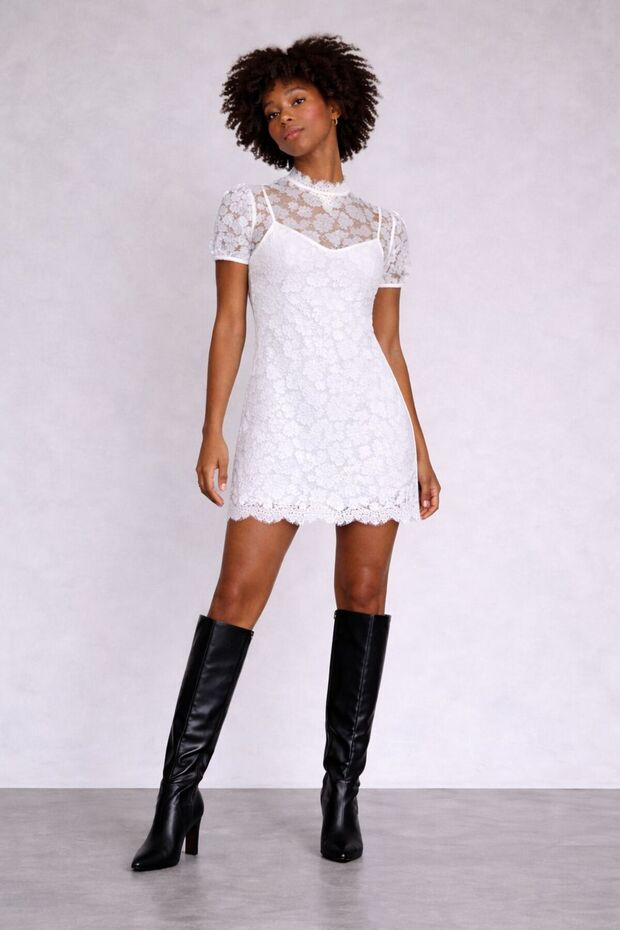 Dantel mini elbise - 6