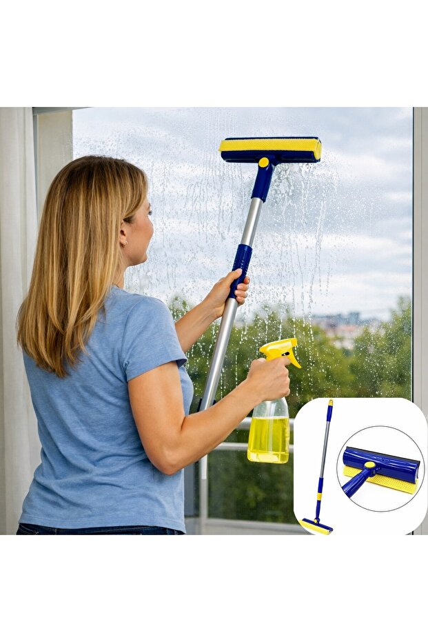 Double Sided Glass Cleaning Brush Mop Telescopic Handle Glass Wiper Squeegee 180 Degree Rotating Head