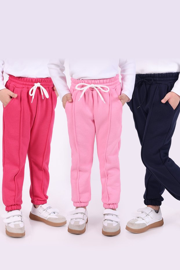 Winter 3-Thread Fleece-Lined Pocketed Tracksuit Pants for Boys and Girls in Navy Blue, Pink, and Fuchsia (Set of 3)