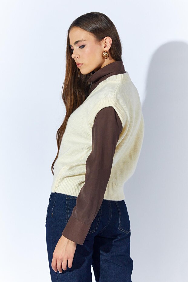 Kadın Krem V Yakalı Basic Süveter - 6
