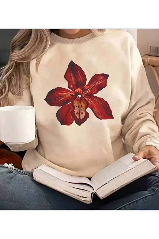 Red Orchid Print Detailed Crew Neck Sweatshirt