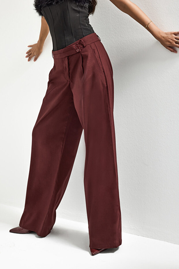 Women's Burgundy S6-35 Neptun Belt Detailed Palazzo Fit Pleated Trousers