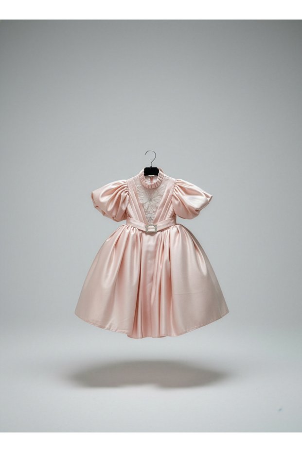 Girl's Powder Evening Dress – Balloon Sleeves, Stone Buckle Belt Detail Special Occasion Dress