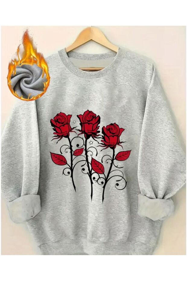Roses Print Detailed Crew Neck Sweatshirt