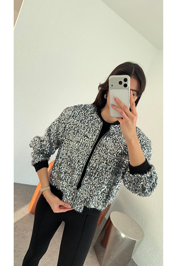 Payetli Gümüş Ceket - 3