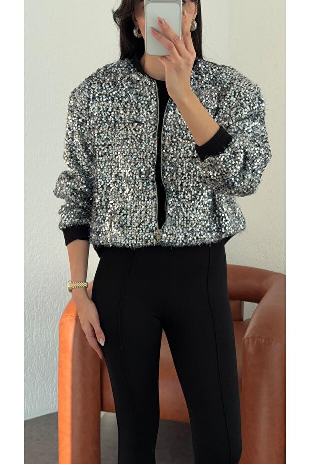 Payetli Gümüş Ceket - 6