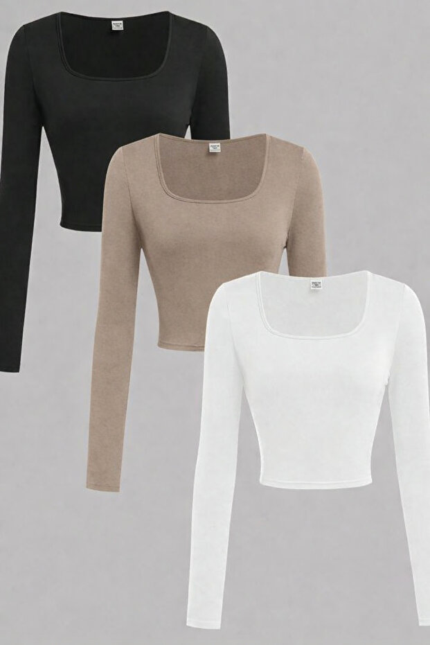 Square Neck 3-Piece Basic Solid Fabric Long Sleeve Stretch Fabric Blouse - 1