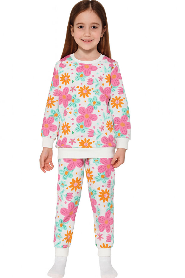 Girl's Two Thread Sha Fleece-Lined White Color Flower Pattern Long Sleeve Pajamas Set