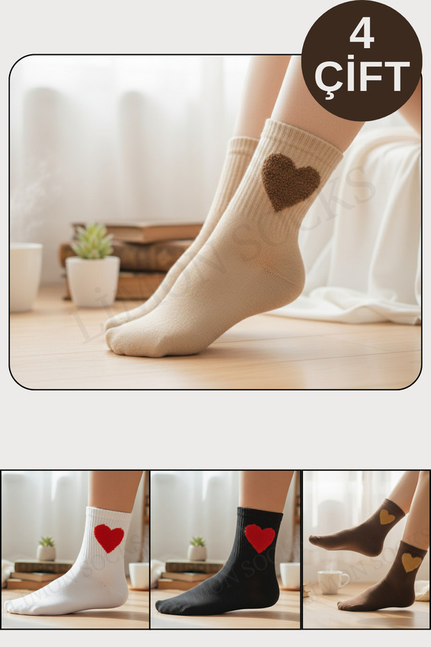 Women's Socks (4 Pairs) Soft Fuzzy Heart Patterned College Length Socks