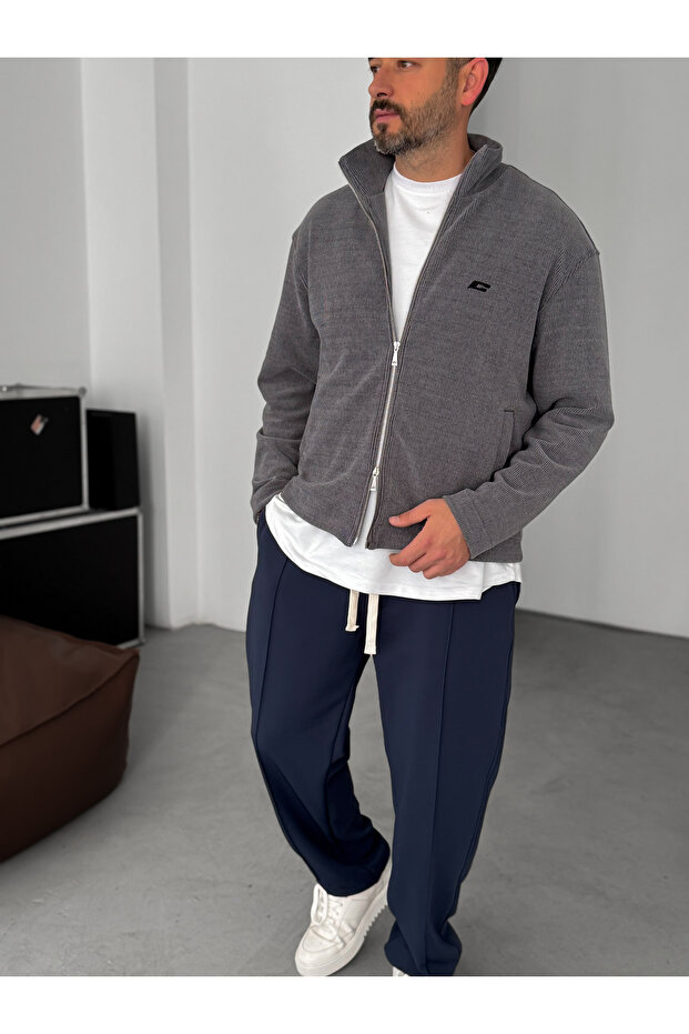 Füme Fitilli C Nakışlı Fermuarlı Sweatshirt C-032 - 5