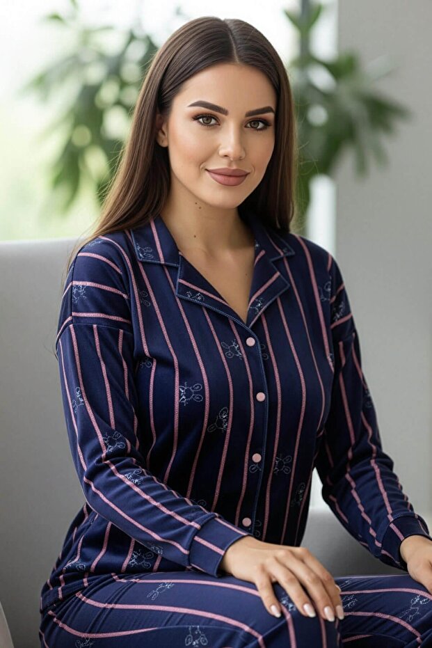 طقم بيجامة نسائية مخملية بأزرار أمامية وتصميم لاينو باللون الأزرق الداكن