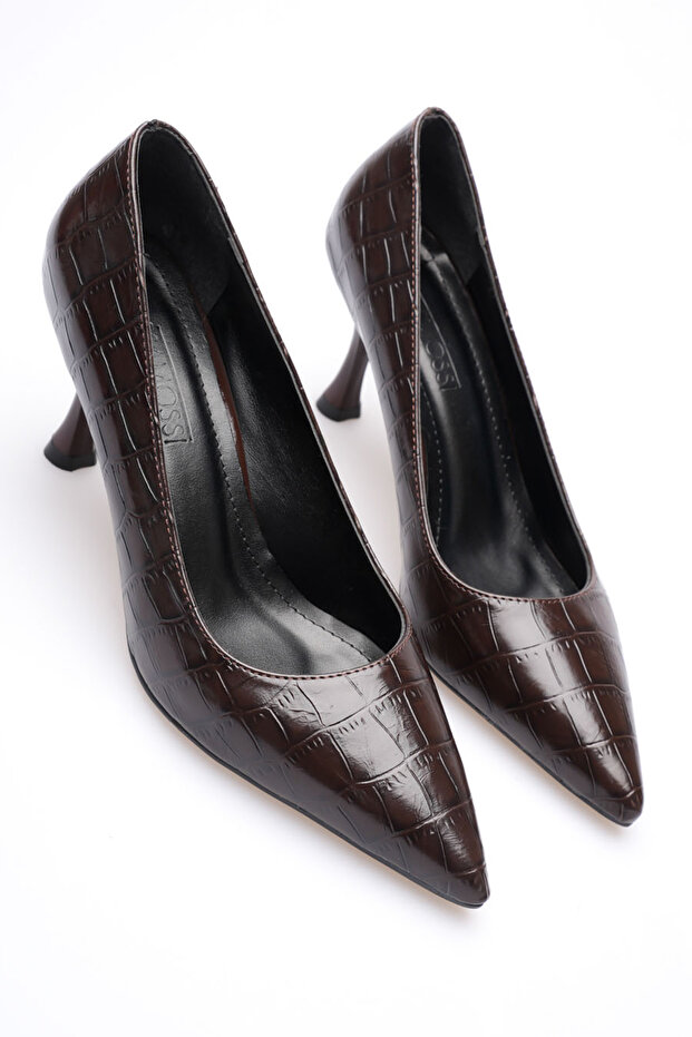 Brown Crocodile Patterned Leather Low 8 cm Heel Shoper Stiletto Heeled Women's Shoes