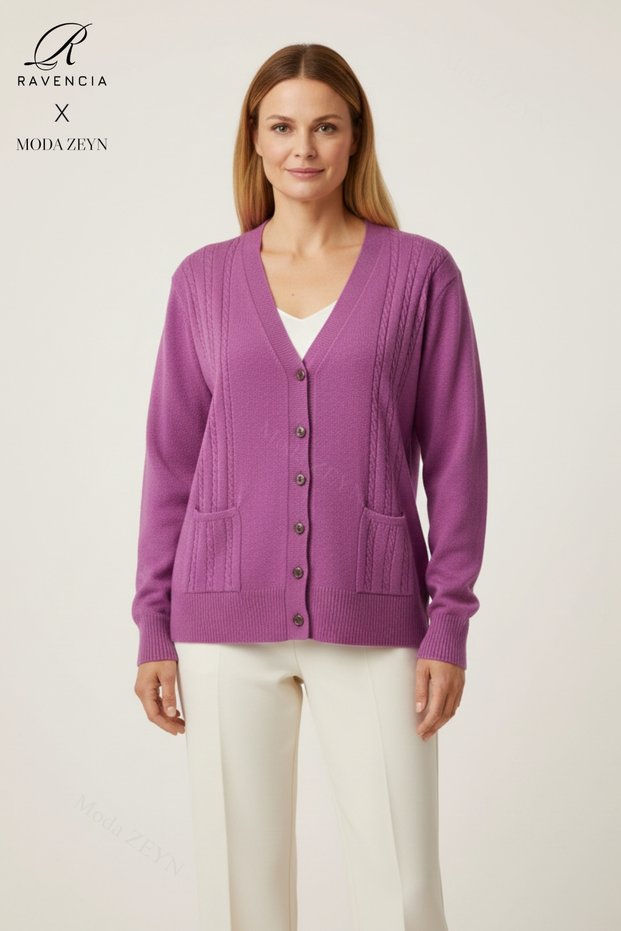 Women's Pink V-Neck Buttoned Mother's Knitwear Cardigan