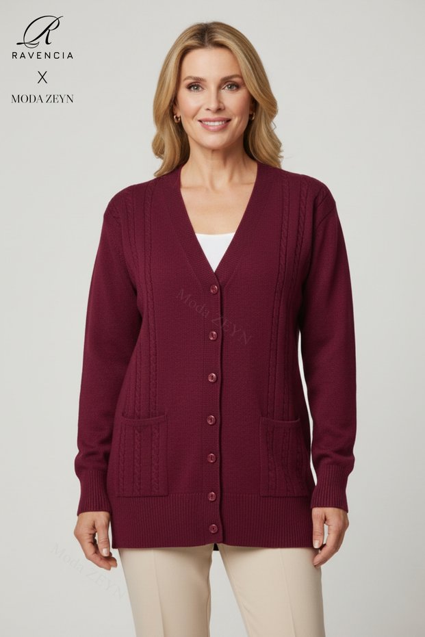 Women's Burgundy V-Neck Buttoned Mother's Knitwear Cardigan