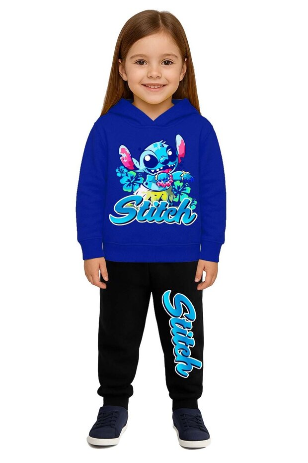 Stich Printed Children's Tracksuit Set 3 Thread Ş Fleece-Lined Cotton Fabric Hooded