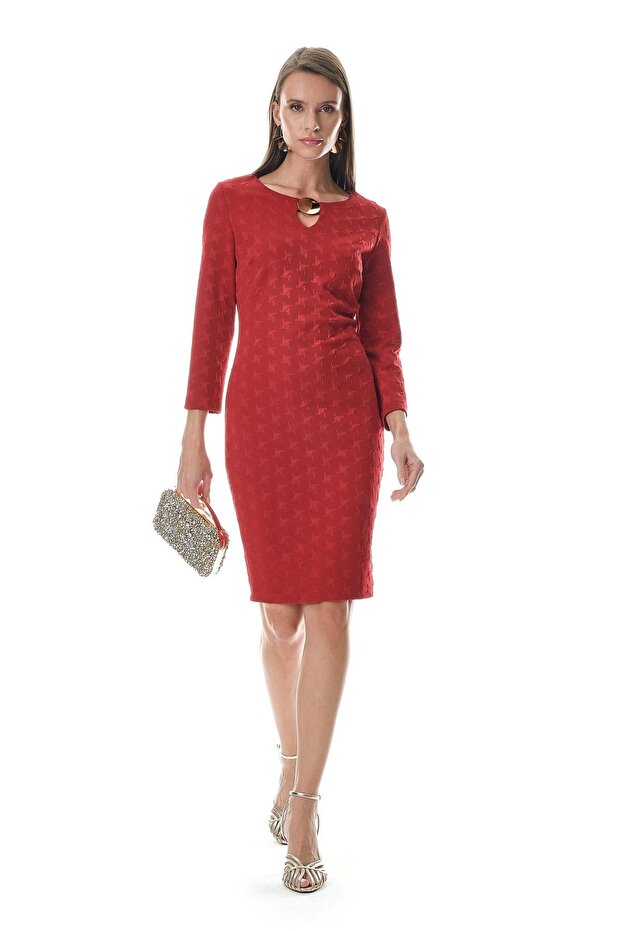 Gold Aksesuarlı Örme Jakar Mini Elbise - 1