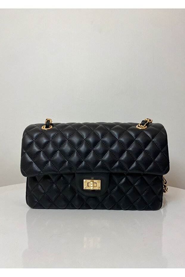 Black Large Quilted Knitted Chain Women's Hand and Shoulder Bag
