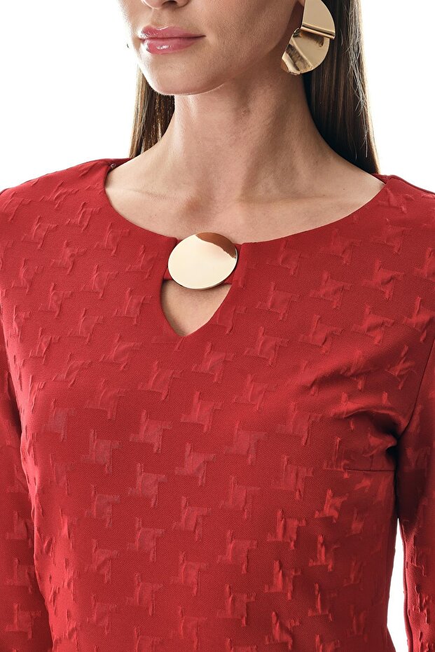 Gold Aksesuarlı Örme Jakar Mini Elbise - 3