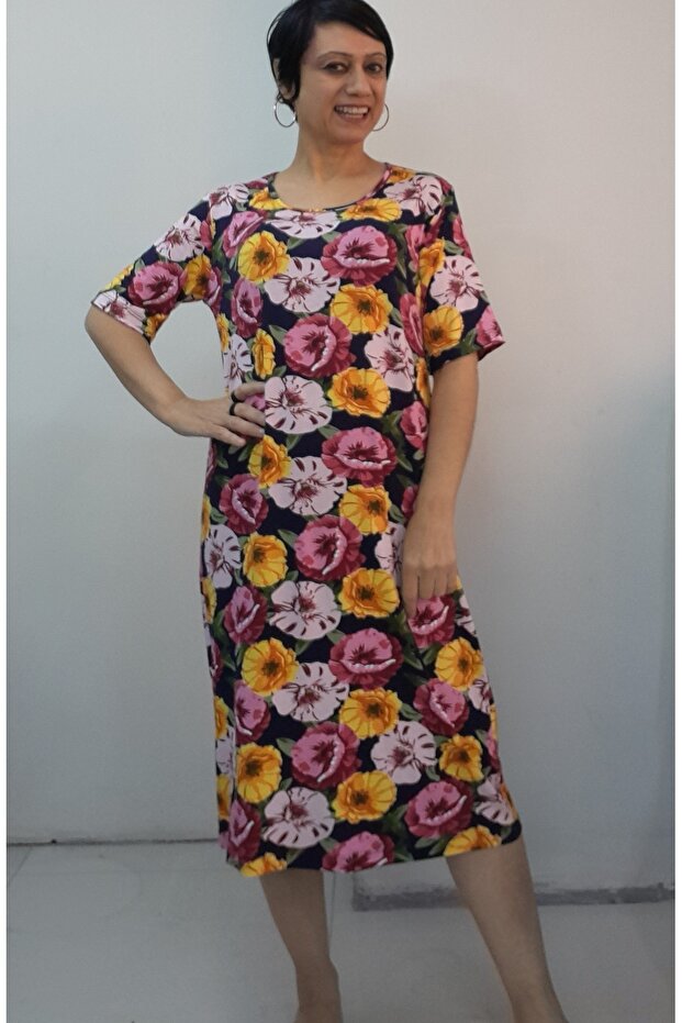 Navy Blue Saı Pink Burgundy Floral Patterned Short-Sleeved Combed Viscose Dress