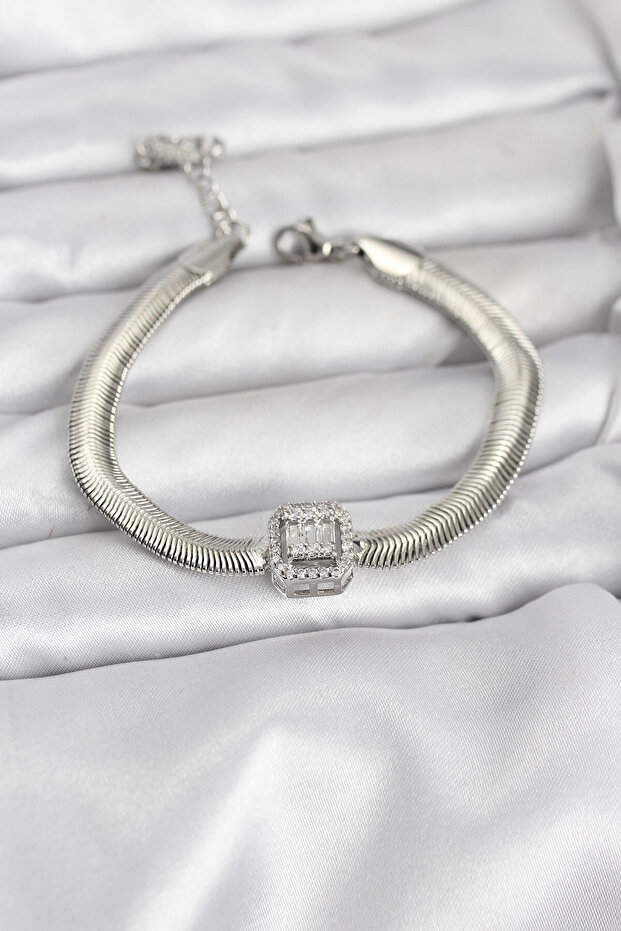 Silver Color Baguette Zircon Stone Snake Chain Women's Bracelet - Ebj251219W38846