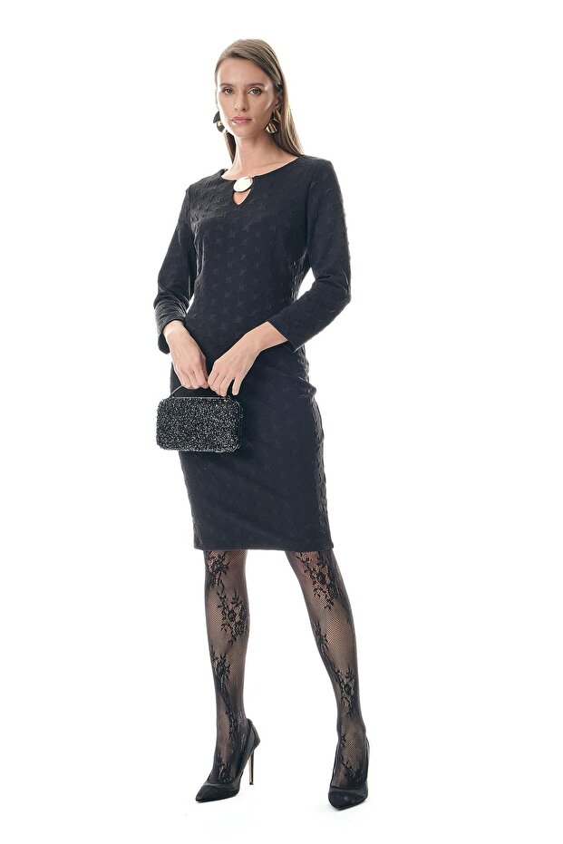 Gold Aksesuarlı Örme Jakar Mini Elbise - 2