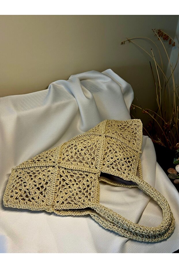 Hasır Motifli Krem Örme Çanta - 2