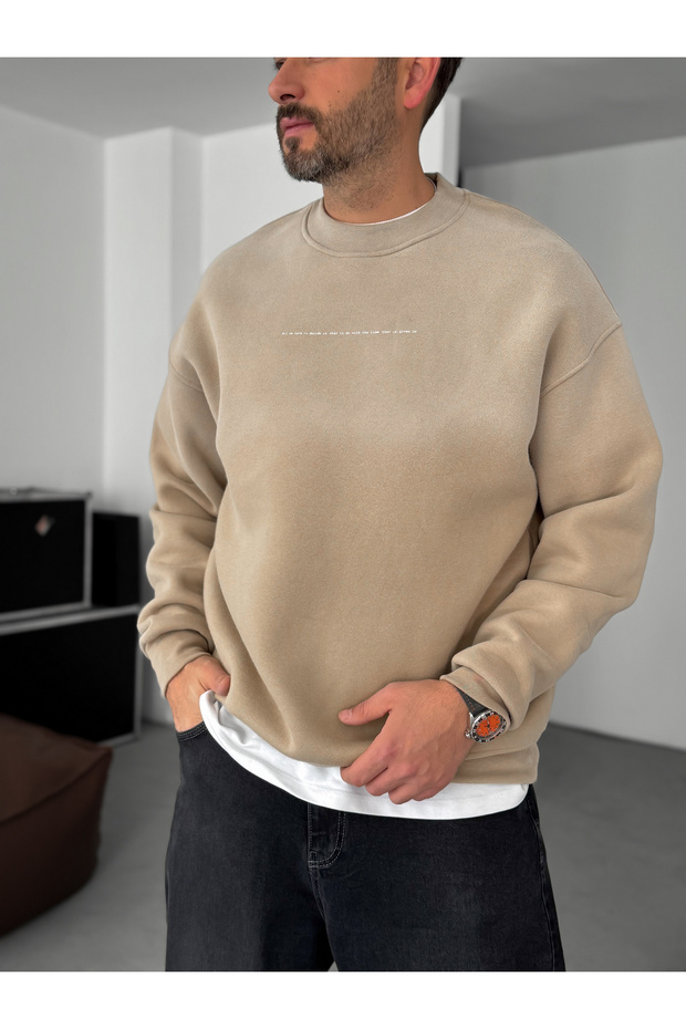 Bej Decide Baskılı Yıkamalı Sweatshirt C-031 - 3