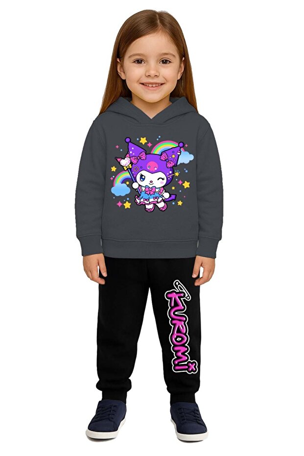 Kuromi Printed Children's Tracksuit Set 3 Thread Ş Fleece-Lined Cotton Fabric Hooded