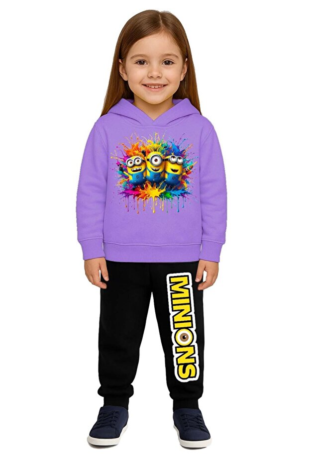 Minions Printed Children's Tracksuit Set 3 Thread Count Fleece-Lined Cotton Fabric Hooded