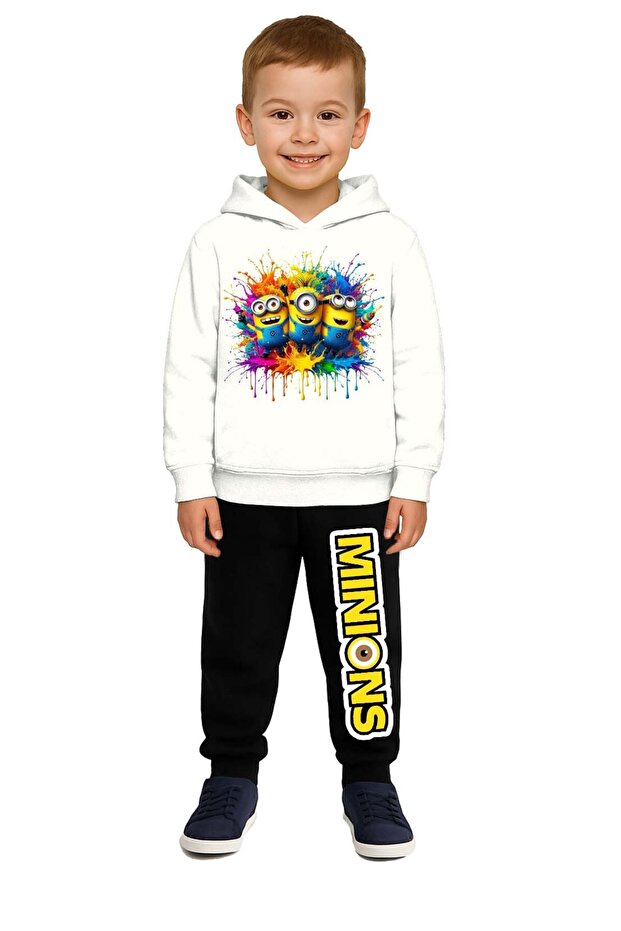 Minions Printed Children's Tracksuit Set 3 Thread Count Fleece-Lined Cotton Fabric Hooded