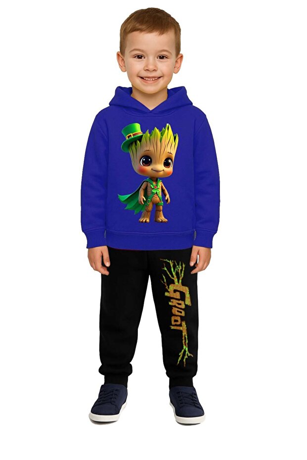 Groot Printed Children's Tracksuit Set 3 Thread Ş Fleece-Lined Cotton Fabric Hooded