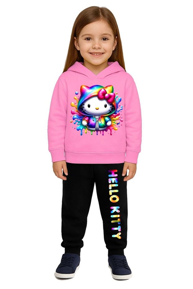 Hello Kity Printed Children's Tracksuit Set 3 Thread Ş Fleece-Lined Cotton Fabric Hooded