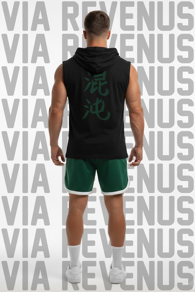 Kaos Printed Hooded Sleeveless Sports T-Shirt and Piped Sports Shorts Set Gym & Fitness Combo