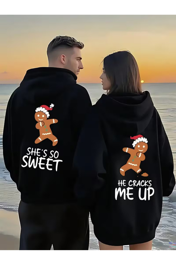 Sevgili Couple Combination Hoodie - Gingerbread Printed Oversize Hooded Sweatshirt Set of 2 Black