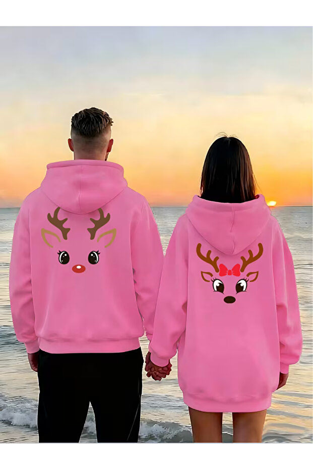 Dear Couple Combination Hoodie Deer Printed Oversize Hooded Sweatshirt Set of 2 Unisex 3 Pink