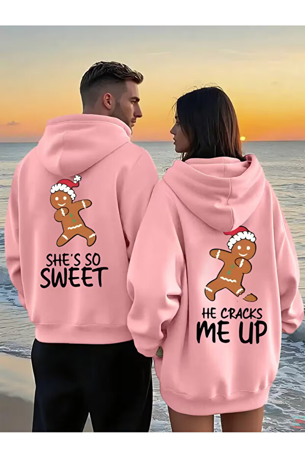 Sevgili Couple Combination Hoodie - Gingerbread Printed Oversize Hooded Sweatshirt Set of 2 Pink